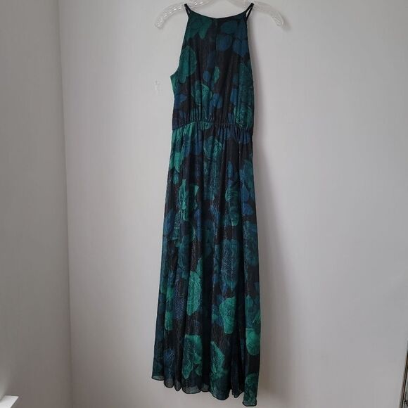 ALEXA B NITES Blue & Green Rose & Leaf Motif Gown Woven Metallic Silver Size 4 - Picture 9 of 9